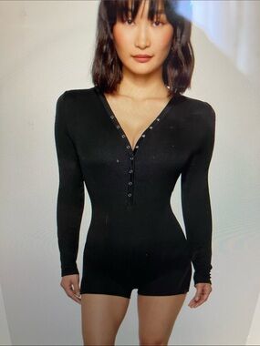 Soft Rib Black Long-Sleeve Henley Romper